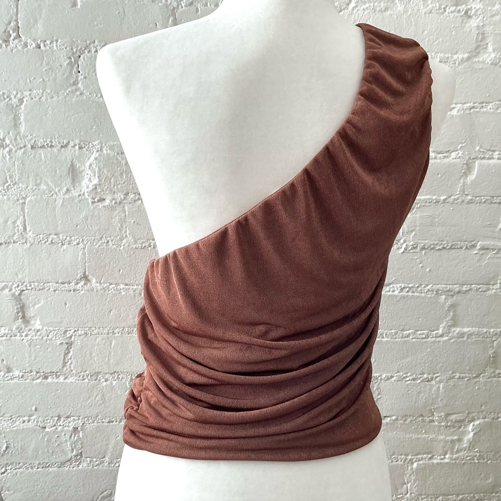 Moa Moa Womens Draped One Shoulder Asymmetric Top Size L Ruched Stretch Brown - Picture 7 of 11